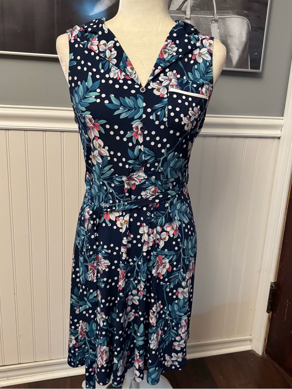 Monteau Navy Floral Polka Dot Sleeveless Collared Dress Size Large